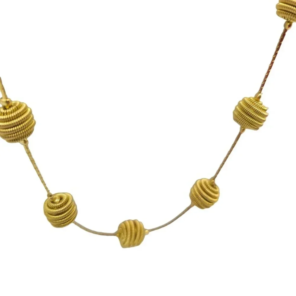 Textured Coiled Spiral Beads Station Chain Long Necklace Gold Tone Vintage